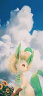 amount:solo atmosphere:clouds atmosphere:farm atmosphere:field body-type:feral flower series:eeveelutions series:pokemon species:leafeon straw_hat style:kawaii style:painted // 2160x4800 // 6.1MB