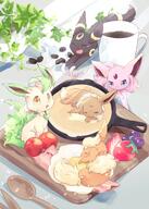 amount:multiple atmosphere:kitchen atmosphere:sunlight body-type:feral coffee food forehead-gem fruit pan series:eeveelutions series:pokemon sleeping species:eevee species:espeon species:flareon species:leafeon species:umbreon // 1456x2048 // 363KB