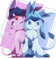 affection amount:pair body-type:feral cheek-rub cuddling forehead-gem hall-of-fame:bronze hall-of-fame:silver hat pressing-same-body-part-against-each-other series:eeveelutions series:pokemon species:espeon species:glaceon style:abstract-background style:kawaii style:pastel-colors style:very-kawaii wink // 700x735 // 361KB
