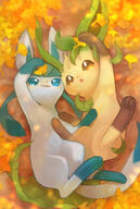 affection amount:pair atmosphere:autumn atmosphere:sunlight cuddling series:eeveelutions series:pokemon species:glaceon species:leafeon // 1008x1500 // 1.3MB