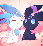affection amount:pair amount:solo atmosphere:bedroom body-type:feral cheek-rub pressing-same-body-part-against-each-other series:eeveelutions series:pokemon species:shiny-pokemon species:sylveon species:umbreon style:girly style:pastel-colors // 1477x1600 // 380KB