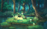 amount:multiple atmosphere:forest atmosphere:sunlight body-type:feral body-type:semi-anthro series:eeveelutions series:pokemon species:leafeon species:petilil style:dim style:kawaii style:painted style:very-detailed // 1175x728 // 1.1MB