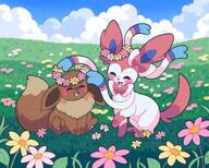 amount:pair atmosphere:field atmosphere:flowers body-type:feral flower series:eeveelutions series:pokemon species:eevee species:sylveon style:girly style:noisy // 2048x1638 // 516KB