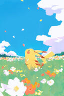 amount:solo atmosphere:field atmosphere:flowers body-type:semi-anthro flower species:pikachu // 540x810 // 117KB