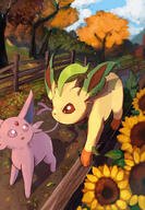 amount:pair atmosphere:farm atmosphere:field body-type:feral flower forehead-gem series:eeveelutions series:pokemon species:espeon species:leafeon // 1423x2048 // 1.0MB