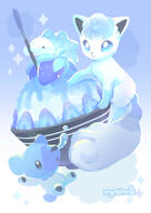 amount:multiple body-type:feral body-type:semi-anthro food grouping:ice-types shaved-ice species:alolan-vulpix species:cubchoo species:snom stawberry style:dithering style:girly style:pastel-colors // 540x763 // 100KB