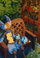 amount:pair atmosphere:garden bench body-type:anthro body-type:semi-anthro sleeping species:lucario species:riolu // 1423x2048 // 812KB