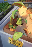 affection amount:solo atmosphere:grocery-store body-type:feral body-type:semi-anthro cardboard-box cramped cuddling series:eeveelutions series:pokemon species:leafeon species:smoliv // 1423x2048 // 638KB