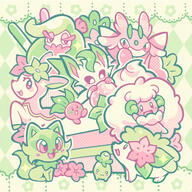 amount:multiple body-type:feral grouping:grass-types series:eeveelutions series:pokemon species:deerling species:leafeon species:lurantis species:oddish species:shaymin species:smoliv species:sprigatito species:tsareena species:whimsicott style:dithering style:girly style:pastel-colors // 540x540 // 145KB