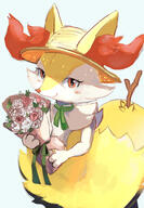 amount:solo atmosphere:sunlight body-type:anthro body-type:semi-anthro boquet species:braixen straw_hat // 540x777 // 119KB