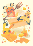 amount:multiple body-type:feral cake food pokemon-berries sitrus-berry species:dedenne species:pichu species:pikachu style:dithering style:lineless sweets // 540x763 // 112KB