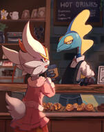amount:pair atmosphere:cafe body-type:anthro bread coffee food hall-of-fame:bronze species:cinderace species:inteleon // 1609x2048 // 597KB