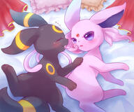 amount:pair atmosphere:bedroom atmosphere:regal body-type:feral forehead-gem nomming series:eeveelutions series:pokemon species:espeon species:umbreon verbal-teasing // 3000x2500 // 3.4MB