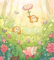 amount:multiple atmosphere:fantasy atmosphere:forest body-type:blob butterfly-wings character:kirby character:waddle-dee doing-art paintbrush series:kirby species:unknown // 540x595 // 115KB