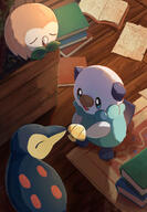 amount:multiple atmosphere:home body-type:feral book series:pokemon species:cyndaquio species:oshawott species:otter species:rowlet // 1423x2048 // 620KB