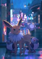 amount:multiple atmosphere:city atmosphere:cyber atmosphere:night atmosphere:rain body-type:semi-anthro series:eeveelutions series:pokemon species:jolteon species:pidove // 1000x1415 // 2.0MB
