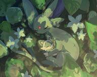 affection amount:pair atmosphere:sunlight atmosphere:swamp body-type:feral cuddling forehead-gem series:eeveelutions series:pokemon species:espeon species:shiny-pokemon species:sprigatito style:painted // 1081x864 // 325KB