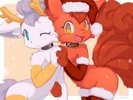 affection amount:pair atmosphere:christmas atmosphere:snowy body-type:semi-anthro cheek-rub collar outfit pressing-same-body-part-against-each-other species:alolan-vulpix species:vulpix thigh-highs visibly-shy visual-teasing // 1600x1200 // 193KB