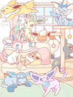amount:multiple atmosphere:cat-tower body-type:feral forehead-gem grouping:all-eeveelutions series:eeveelutions series:pokemon silly species:eevee species:espeon species:flareon species:glaceon species:jolteon species:leafeon species:sylveon species:umbreon species:vaporeon style:playful // 900x1200 // 194KB