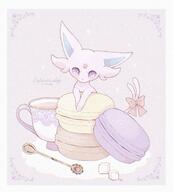 amount:solo atmosphere:cafe atmosphere:regal body-type:feral food forehead-gem hall-of-fame:bronze macarons series:eeveelutions series:pokemon species:espeon style:girly style:noisy style:pastel-colors style:playful style:sparkly sweets tea // 1273x1409 // 297KB