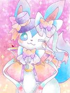 amount:solo body-type:feral cloak hat necklace species:shiny-pokemon style:dithering style:watercolor wearing-bow // 510x680 // 75KB