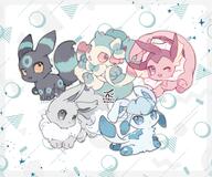amount:multiple body-type:feral grouping:all-shiny series:eeveelutions series:pokemon species:eevee species:glaceon species:shiny-pokemon species:sylveon species:umbreon species:vaporeon style:chibi // 2000x1667 // 313KB