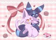 affection amount:pair atmosphere:frilly-background atmosphere:valentines-day body-type:feral cheek-rub cuddling food forehead-gem love-ball pressing-same-body-part-against-each-other series:eeveelutions series:pokemon species:espeon species:shiny-pokemon species:umbreon sweets // 2500x1800 // 346KB