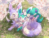 amount:pair atmosphere:field atmosphere:flowers atmosphere:forest atmosphere:sakura atmosphere:sunlight bell body-type:feral flower hall-of-fame:bronze hall-of-fame:silver heterochromia oc series:eeveelutions series:pokemon species:sylveon style:dim // 3000x2304 // 741KB