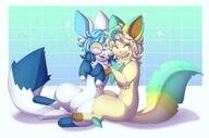 affection amount:pair body-type:feral body-type:semi-anthro cuddling glasses nerdy series:eeveelutions series:pokemon species:glaceon species:leafeon style:abstract-background // 2442x1609 // 297KB