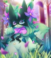 amount:solo artist:fleesveon atmosphere:fantasy atmosphere:forest atmosphere:petals body-type:anthro body-type:semi-anthro feminine flower heterochromia necklace species:meowscarada style:detailed-lighting style:girly style:intentional-blur style:kemono wearing-flower // 3522x4000 // 993KB