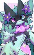 amount:solo body-type:anthro body-type:semi-anthro feminine flower heterochromia necklace oc species:meowscarada style:chromatic-aberration style:girly style:intentional-blur wearing-flower // 1124x1787 // 283KB