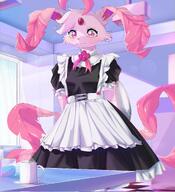 amount:solo atmosphere:appartment atmosphere:home body-type:anthro coffee forehead-gem maid outfit series:eeveelutions series:pokemon species:espeon species:fusion species:leafeon style:kawaii style:pastel-colors // 1867x2048 // 408KB