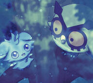 amount:pair atmosphere:forest atmosphere:night body-type:semi-anthro series:pokemon species:espurr species:hoothoot style:circle-sparkles style:dim // 2000x1792 // 805KB