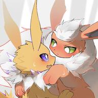 affection amount:pair body-type:feral cuddling series:eeveelutions series:pokemon species:flareon species:jolteon style:colored-lighting style:lines-effected-by-lighting sweating // 2361x2361 // 681KB