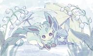 affection amount:pair amount:solo atmosphere:rain body-type:feral cuddling flower series:eeveelutions series:pokemon species:glaceon species:leafeon style:faded style:intentional-blur umbrella // 900x549 // 802KB