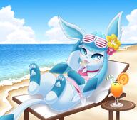 amount:solo atmosphere:beach body-type:feral drink glass outfit series:eeveelutions series:pokemon species:glaceon sunglasses // 2500x2200 // 3.1MB