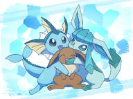 affection amount:multiple body-type:feral cuddling series:eeveelutions series:pokemon species:eevee species:glaceon species:vaporeon style:abstract-background style:blue // 1109x824 // 554KB