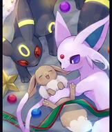affection amount:multiple atmosphere:christmas body-type:feral cuddling forehead-gem series:eeveelutions series:pokemon species:eevee species:espeon species:umbreon style:kawaii // 1260x1495 // 231KB