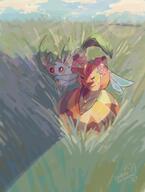 amount:pair atmosphere:field atmosphere:sunlight body-type:feral body-type:semi-anthro feminine flower series:eeveelutions series:pokemon species:leafeon species:vespiquen style:girly style:painted wearing-flower // 1160x1536 // 148KB