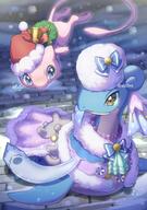 amount:pair atmosphere:snowy atmosphere:town body-type:feral hall-of-fame:bronze hall-of-fame:silver hat necklace species:lapras species:mew style:intentional-blur style:kawaii wearing-bow winter-clothes // 2038x2893 // 545KB