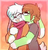 affection amount:pair body-type:anthro casual-outfit glasses hall-of-fame:bronze kissing nerdy pressing-same-body-part-against-each-other scarf species:bunny style:gay style:kemono style:scribbles // 1200x1233 // 188KB