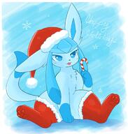 amount:solo arms-between-legs blep body-type:feral candy candy-cane christmas-clothing hat series:eeveelutions series:pokemon species:glaceon style:contrasting-colors style:painted thigh-highs // 1305x1370 // 186KB
