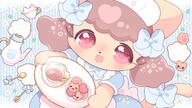 amount:solo atmosphere:cafe body-type:semi-anthro cookies dress maid outfit species:cat style:abstract-background style:girly style:kawaii style:kemono style:pastel-colors style:playful tea wearing-bow // 2048x1152 // 265KB