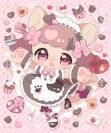 amount:solo atmosphere:cafe atmosphere:valentines-day body-type:anthro body-type:semi-anthro chocolate cookies cupcake food macarons maid outfit species:cat style:abstract-background style:contrasting-colors style:girly style:kawaii style:one-color style:outline style:pink style:playful style:very-girly sweets wearing-bow // 1708x2048 // 415KB