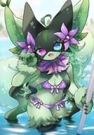 amount:solo body-type:anthro cat-pose feminine flower heterochromia species:meowscarada style:girly style:intentional-blur style:kawaii style:kemono style:outline wearing-flower // 1000x1432 // 217KB