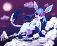 amount:solo atmosphere:mountains atmosphere:night atmosphere:snowy body-type:feral feminine flower series:eeveelutions series:pokemon species:glaceon style:colored-lines style:girly style:intentional-blur wearing-flower // 2000x1623 // 702KB