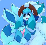 affection amount:pair body-type:slightly-chubby cuddling hat series:eeveelutions series:pokemon species:glaceon style:blue style:outline visibly-shy wearing-bow // 2048x2002 // 326KB