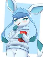 amount:solo body-type:anthro body-type:semi-anthro eating hoodie pocky series:eeveelutions series:pokemon smug species:glaceon style:kemono sweater visibly-shy visual-teasing // 1524x2052 // 1.2MB