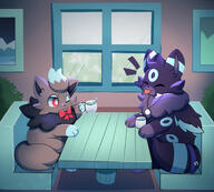 amount:pair atmosphere:city atmosphere:night atmosphere:town body-type:feral drink series:eeveelutions series:pokemon species:umbreon species:zorua style:kawaii style:simple-colors wearing-bow // 1999x1799 // 406KB