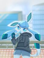 amount:solo atmosphere:city body-type:semi-anthro casual-outfit eating hoodie popsicle series:eeveelutions series:pokemon species:glaceon style:intentional-blur style:kemono sweater // 1536x2048 // 255KB